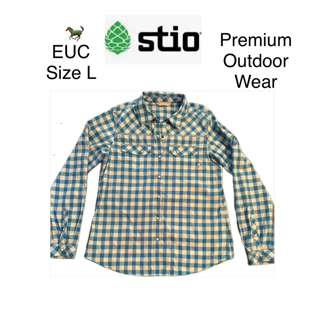 Stio Women's Blue / White Plaid Long Sleeve Button Pearl Snap Shirt Size Large